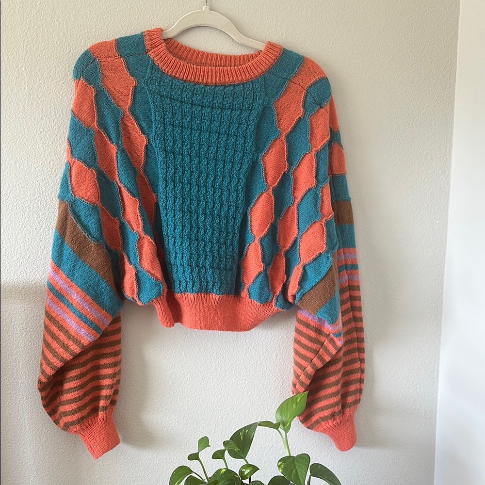 Cider Blue and Orange Crew Neck Sweater with Geometric Patterns